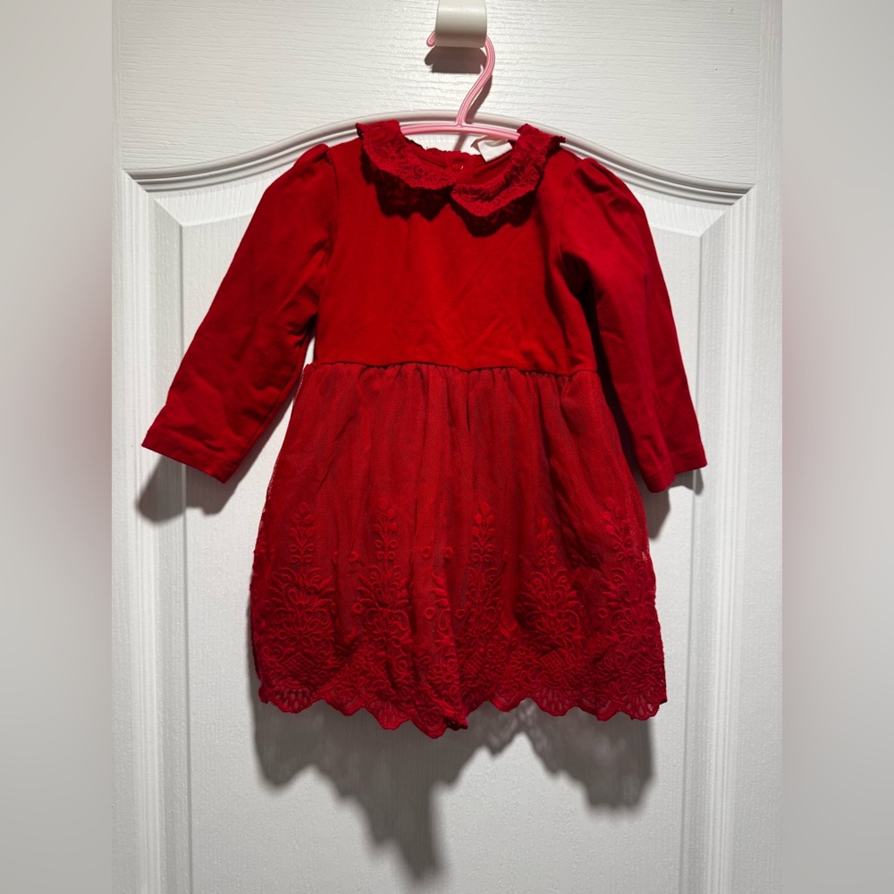 H&M long sleeve red dress with lace embroidered overlay on skirt and collar
